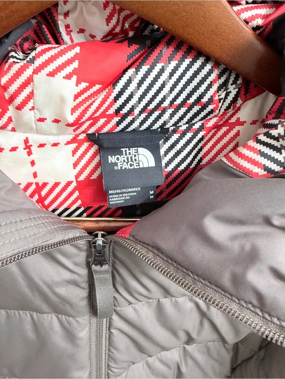 The North Face Men's Taupe Puffer Jacket with Red Plaid Hood Lining